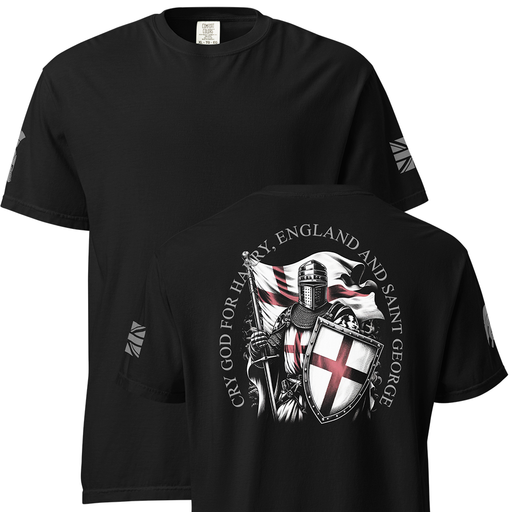 Front and back view of Black short sleeve classic cotton unisex fit T-Shirt by Achilles Tactical Clothing Brand with screen printed For Saint George design on back