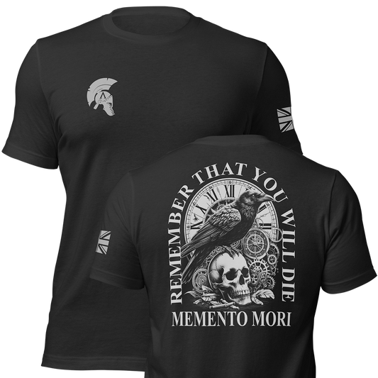 Front and back view of Black short sleeve unisex fit original cotton T-Shirt by Achilles Tactical Clothing Brand printed with Memento Mori Design across back