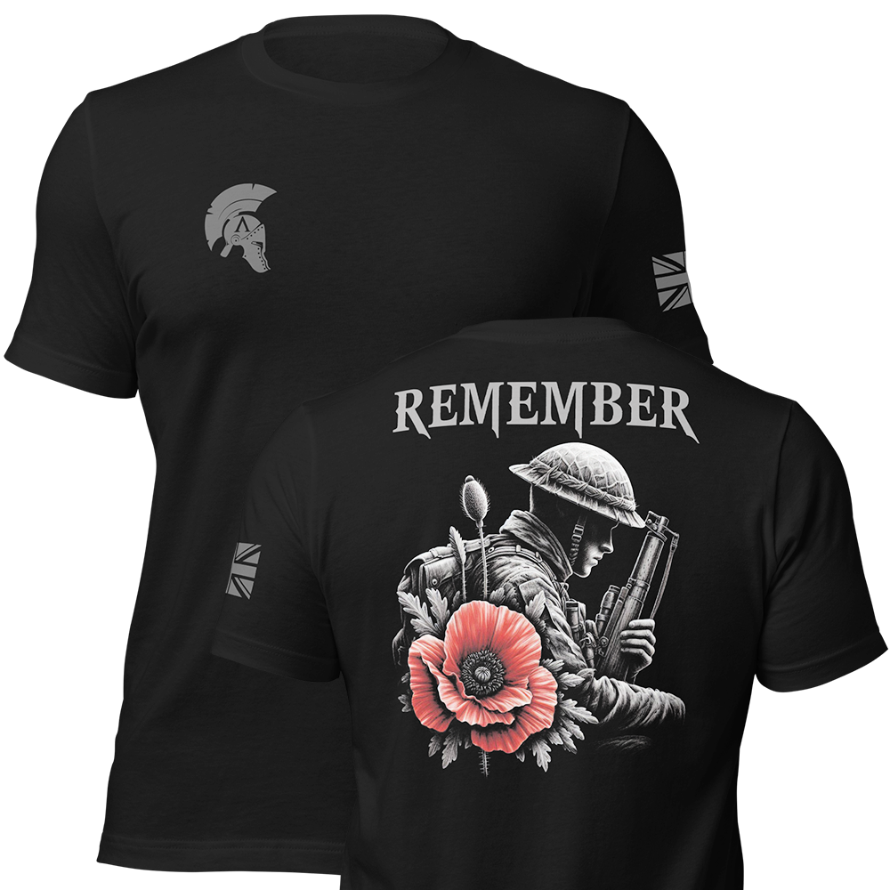 Front and Back view of Black short sleeve unisex fit original cotton T-Shirt by Achilles Tactical Clothing Brand printed with Remember Poppy Design across back