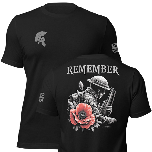 Front and Back view of Black short sleeve unisex fit original cotton T-Shirt by Achilles Tactical Clothing Brand printed with Remember Poppy Design across back