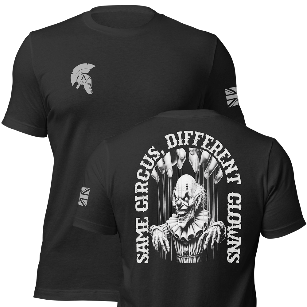 Front and back view of Black short sleeve unisex fit original cotton T-Shirt by Achilles Tactical Clothing Brand printed with Large Clowns design across back