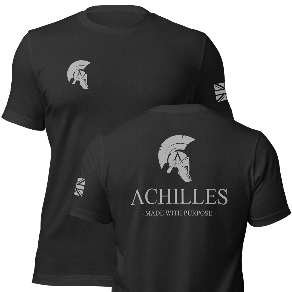 Front and back view of Black short sleeve unisex fit original cotton T-Shirt by Achilles Tactical Clothing Brand printed with Wolf Grey Large Signature logo across back