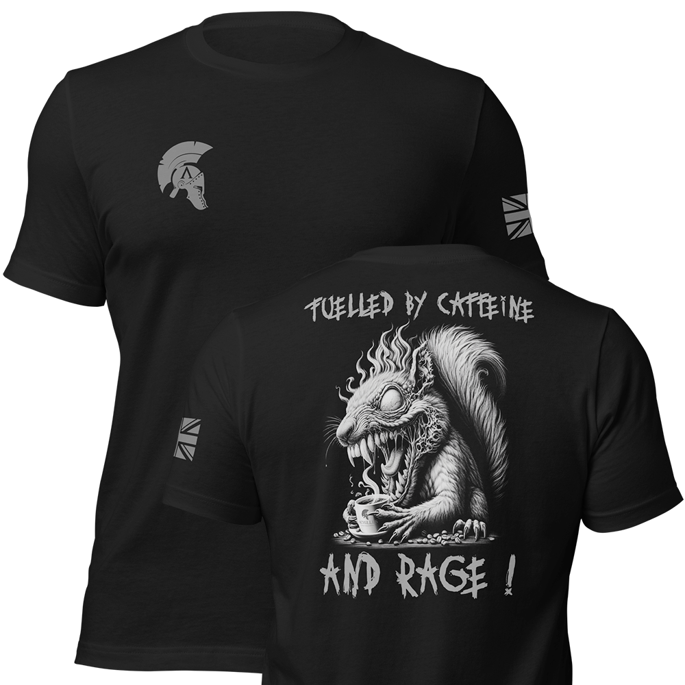 Front and back view of Black short sleeve unisex fit original cotton T-Shirt by Achilles Tactical Clothing Brand printed with Large Caffeine and Rage design across back