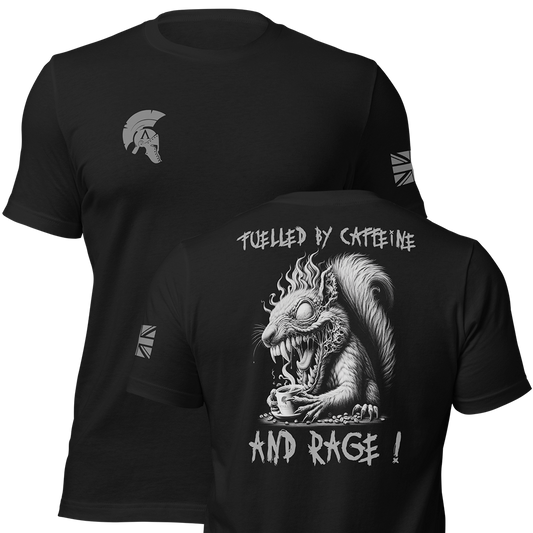 Front and back view of Black short sleeve unisex fit original cotton T-Shirt by Achilles Tactical Clothing Brand printed with Large Caffeine and Rage design across back