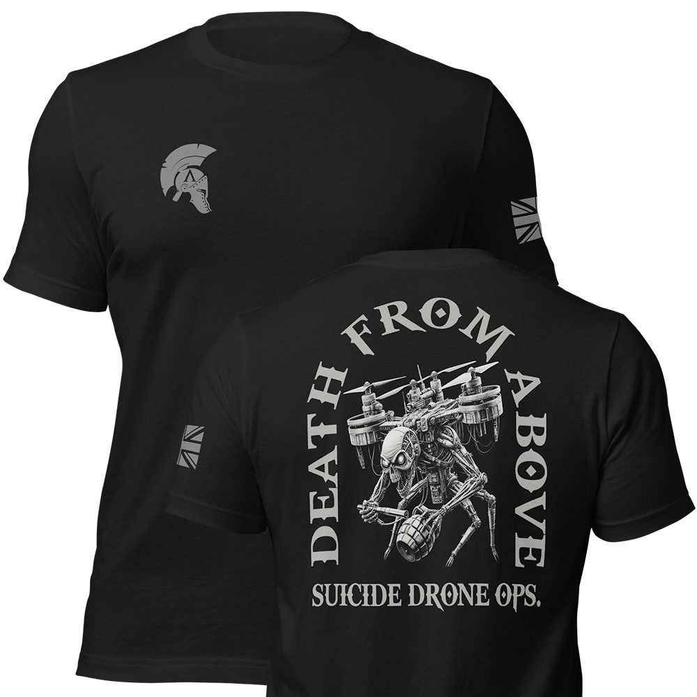 Front and back view of Black short sleeve unisex fit original cotton T-Shirt by Achilles Tactical Clothing Brand printed with Large Death from Above Drone Ops design across back