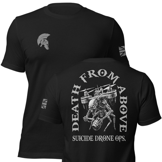 Front and back view of Black short sleeve unisex fit original cotton T-Shirt by Achilles Tactical Clothing Brand printed with Large Death from Above Drone Ops design across back