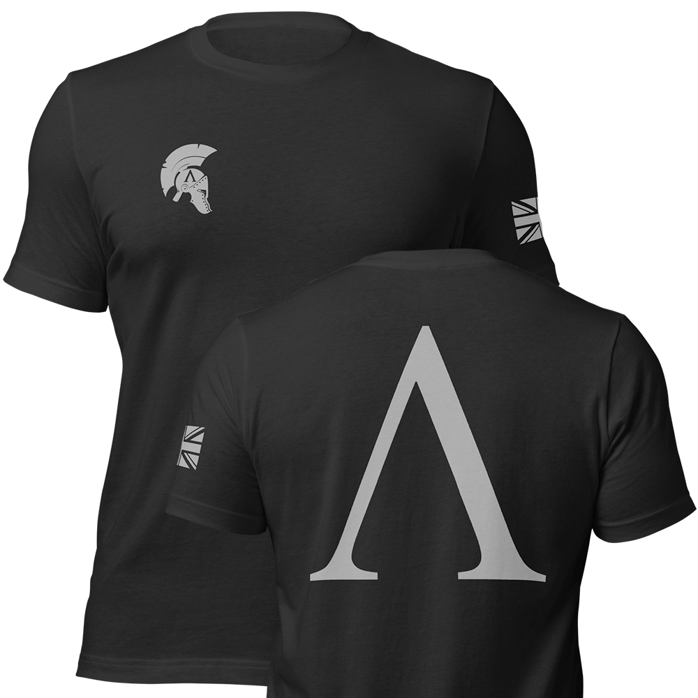 Front and back view of Black short sleeve unisex fit original cotton T-Shirt by Achilles Tactical Clothing Brand printed with Wolf Grey Large Alpha logo across back