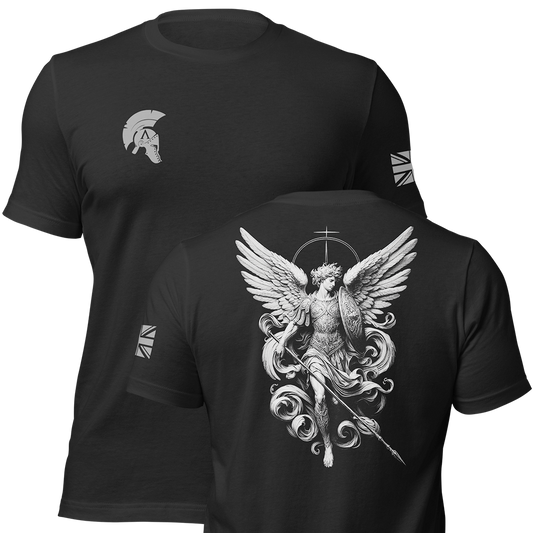 Front and back view of Black short sleeve unisex fit original cotton T-Shirt by Achilles Tactical Clothing Brand printed with Large Archangel design across back