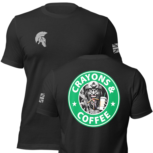 Front and back view of Black short sleeve unisex fit original cotton T-Shirt by Achilles Tactical Clothing Brand printed with Crayons & Coffee (AFO) Design across back