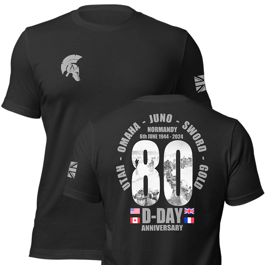 Front and back view of Black short sleeve unisex fit original cotton T-Shirt by Achilles Tactical Clothing Brand printed with DDAY 80 Design across back