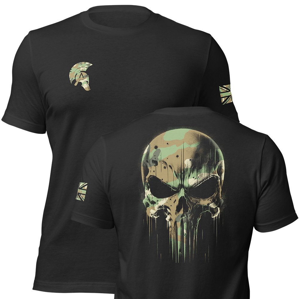 Front and back view of Black short sleeve unisex fit original cotton T-Shirt by Achilles Tactical Clothing Brand printed with DPM Skull Design across back