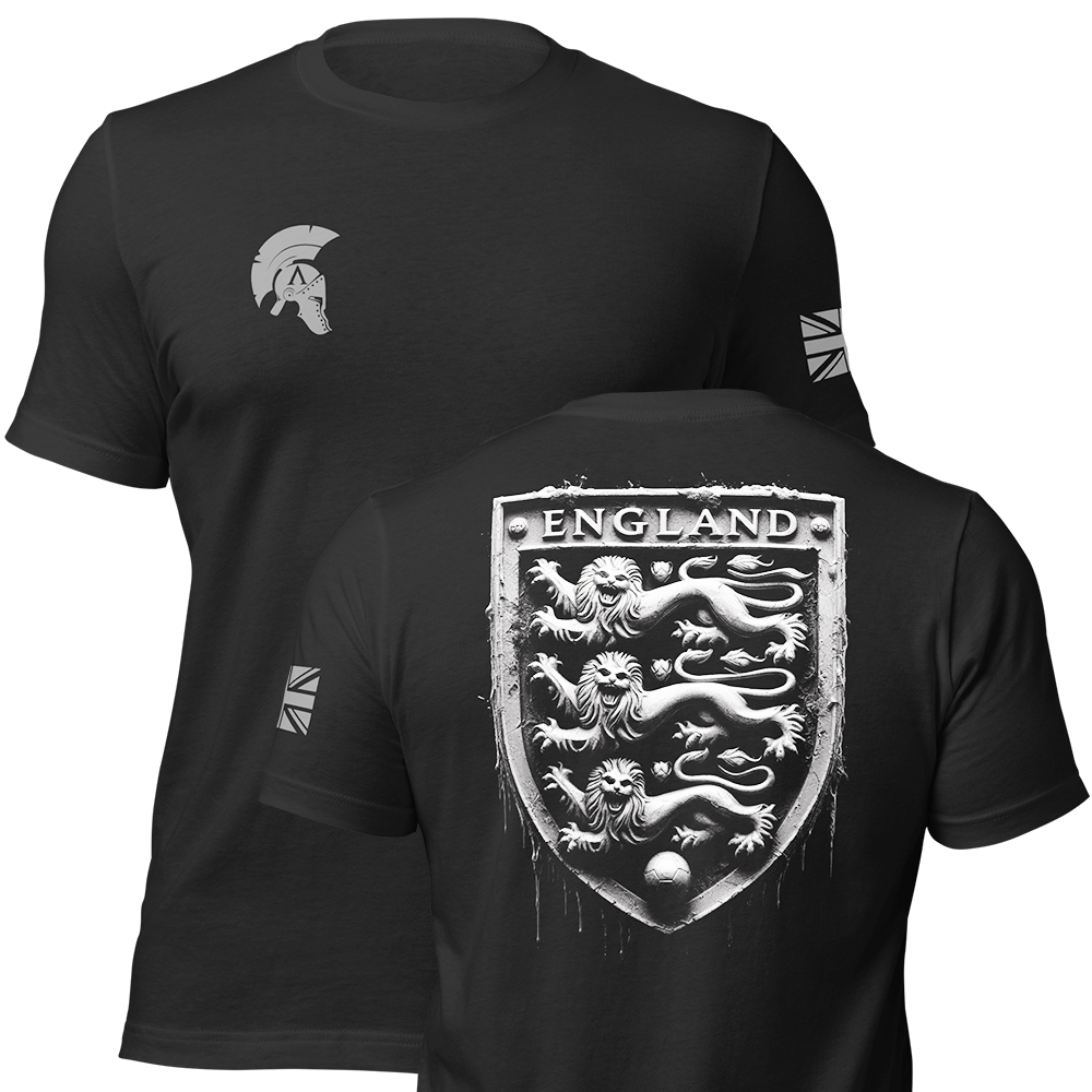 Front and back view of Black short sleeve unisex fit original cotton T-Shirt by Achilles Tactical Clothing Brand printed with Large England design across back