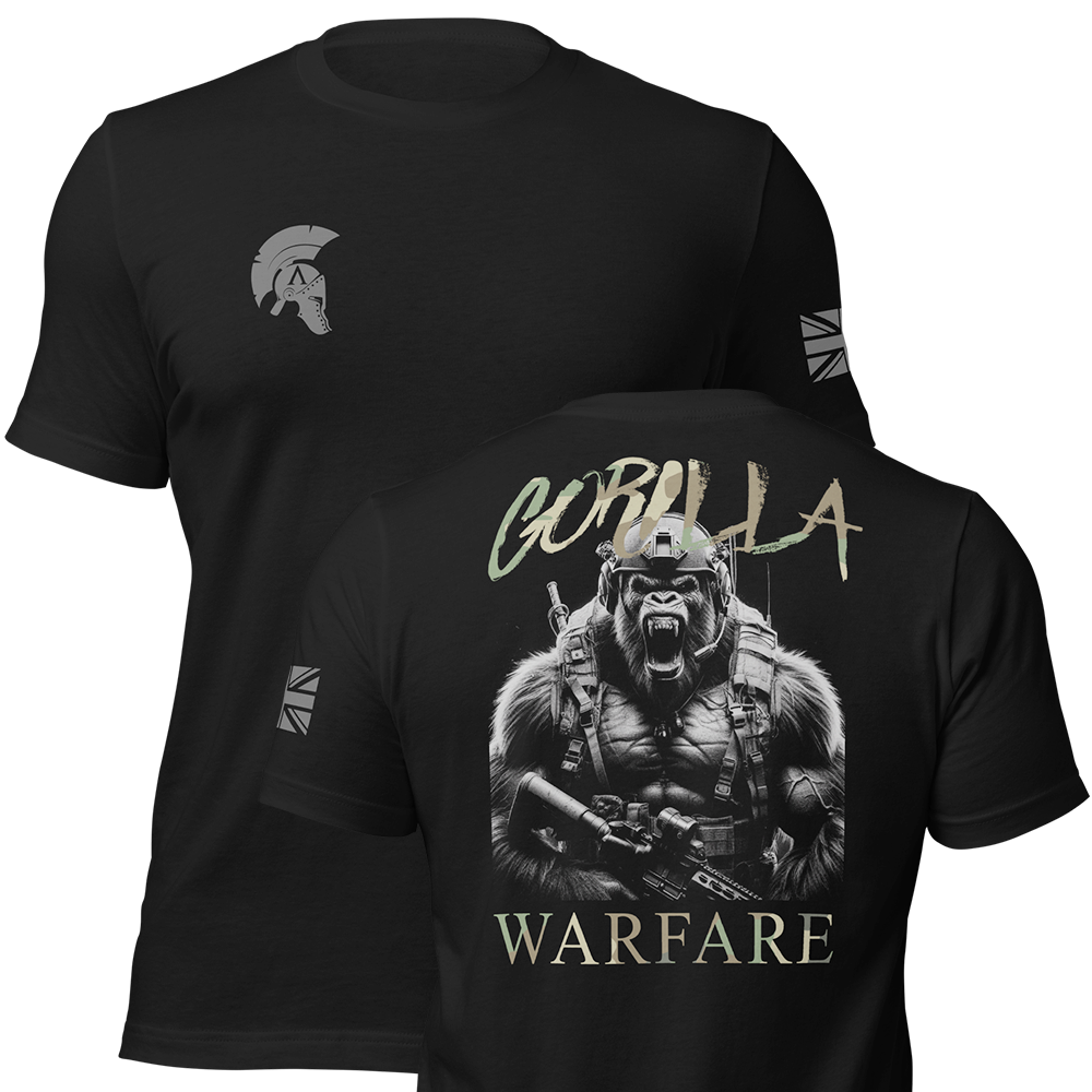 Front and back view of Black short sleeve unisex fit original cotton T-Shirt by Achilles Tactical Clothing Brand printed with Large Gorilla Warfare design across back