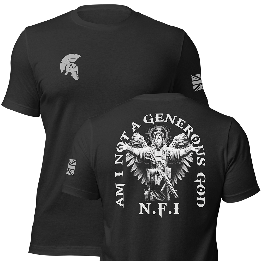 Front and back view of Black short sleeve unisex fit original cotton T-Shirt by Achilles Tactical Clothing Brand printed with NFI Generous God design across back