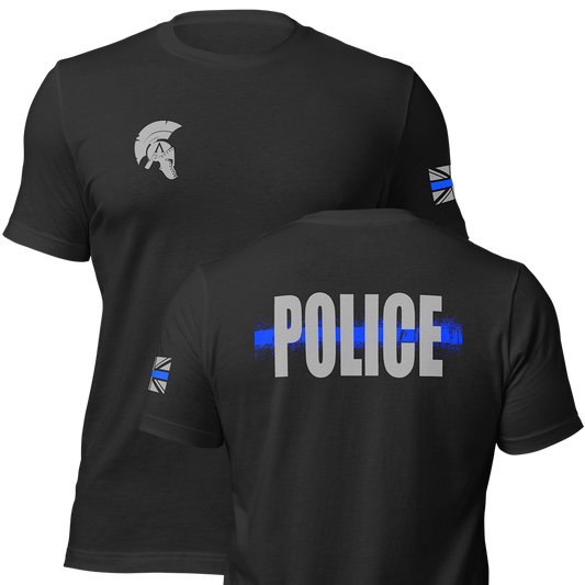 Front and back view of Black short sleeve unisex fit original cotton T-Shirt by Achilles Tactical Clothing Brand printed with Large Police Thin Blue Line logo across back