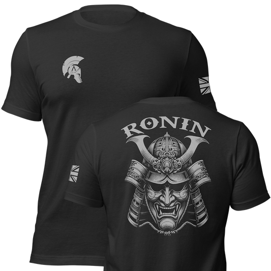 Front and back view of Black short sleeve unisex fit original cotton T-Shirt by Achilles Tactical Clothing Brand printed with Ronin Design across back