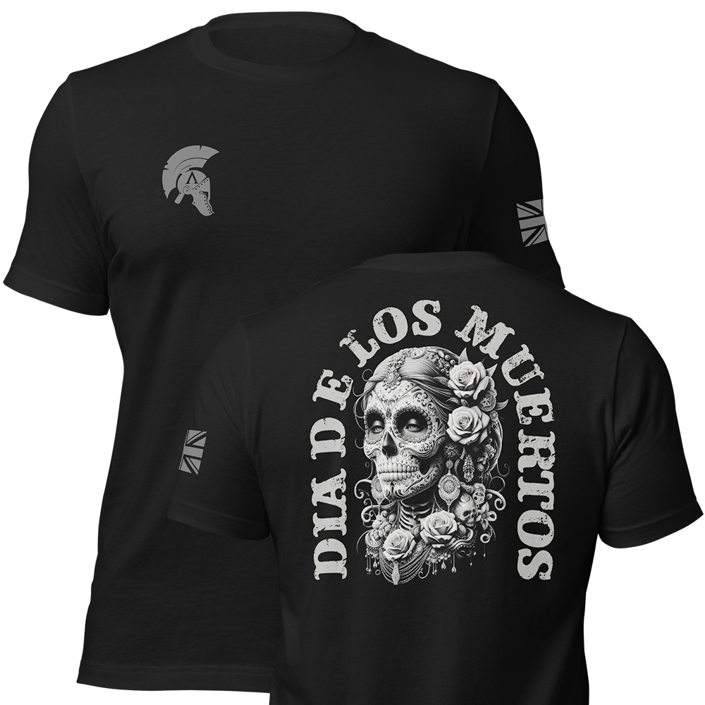 Front and back view of Black short sleeve unisex fit original cotton T-Shirt by Achilles Tactical Clothing Brand printed with Large Dia De Los Muertos design across back