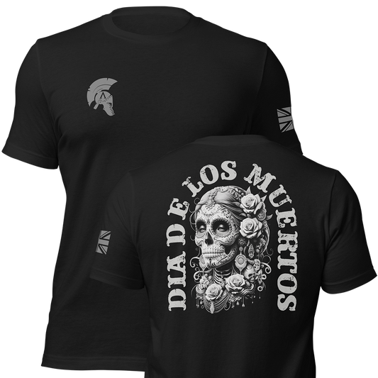 Front and back view of Black short sleeve unisex fit original cotton T-Shirt by Achilles Tactical Clothing Brand printed with Large Dia De Los Muertos design across back