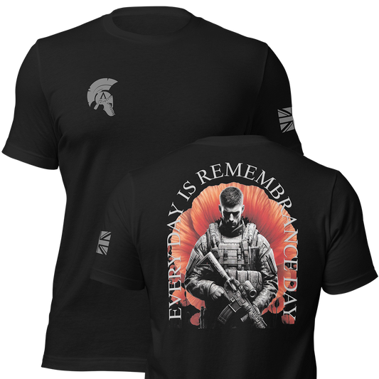 Front and back view of Black short sleeve unisex fit original cotton T-Shirt by Achilles Tactical Clothing Brand printed with Large Every day is remembrance day design across back