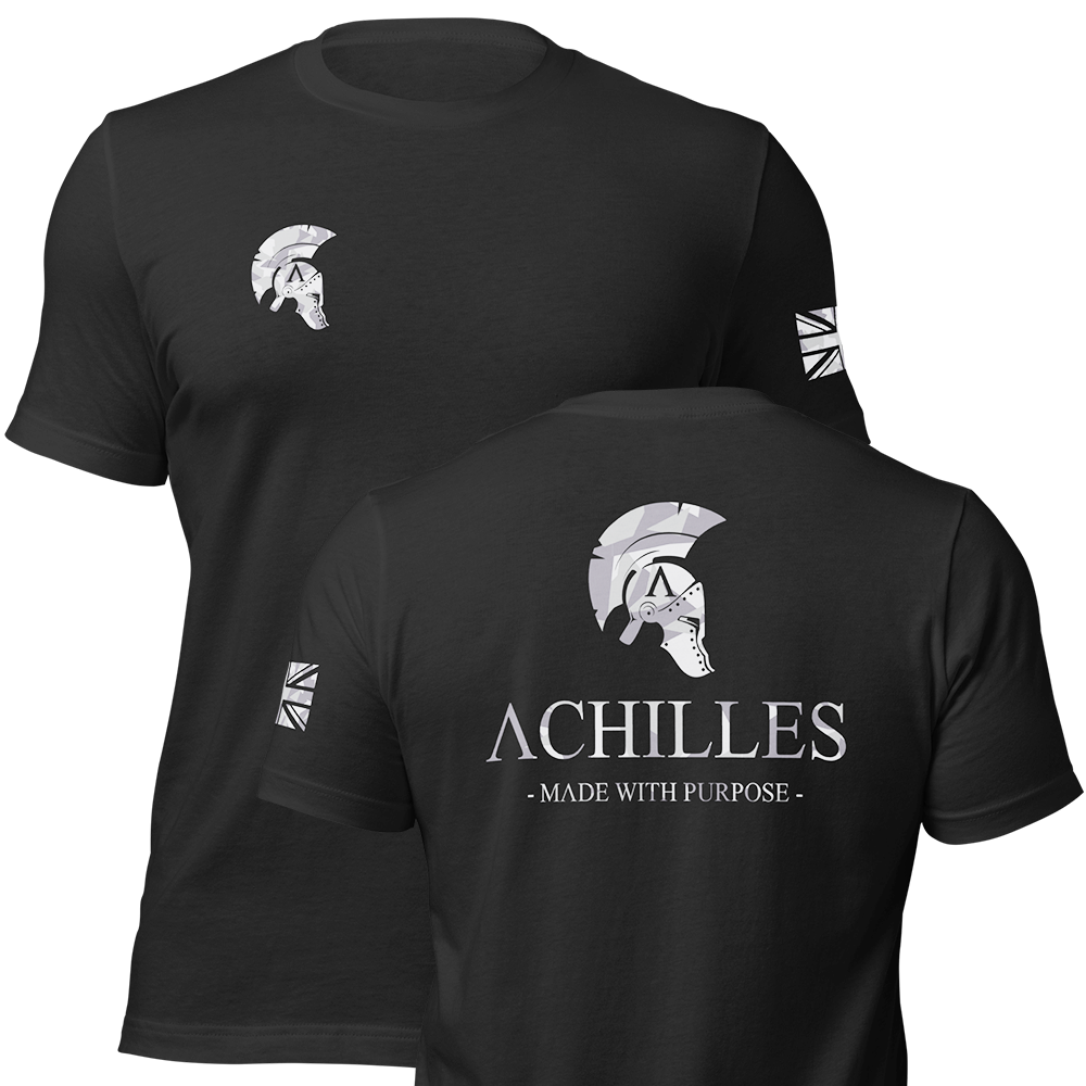 Front and back view of Black short sleeve unisex fit original cotton T-Shirt by Achilles Tactical Clothing Brand printed with Geo grey Cam Large Signature logo across back