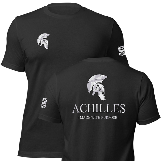 Front and back view of Black short sleeve unisex fit original cotton T-Shirt by Achilles Tactical Clothing Brand printed with Geo grey Cam Large Signature logo across back