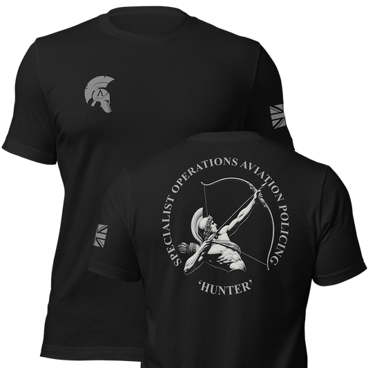 Front and back view of Black short sleeve unisex fit original cotton T-Shirt by Achilles Tactical Clothing Brand printed with Large Hunter police design across back