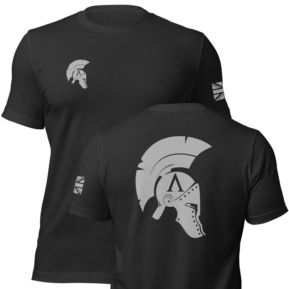 Front and back view of Black short sleeve unisex fit original cotton T-Shirt by Achilles Tactical Clothing Brand printed with Wolf Grey Large Icon logo across back