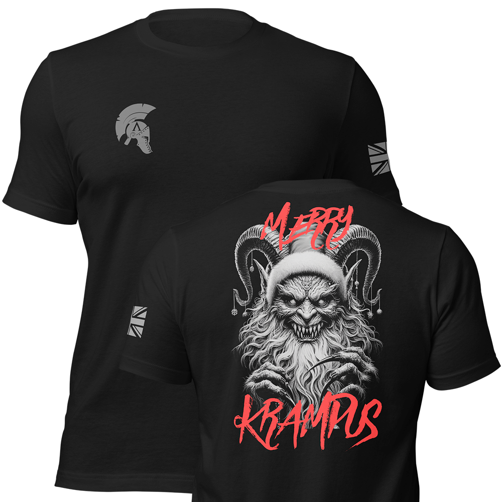 Front and back view of Black short sleeve unisex fit original cotton T-Shirt by Achilles Tactical Clothing Brand printed with Large Merry Krampus design across back