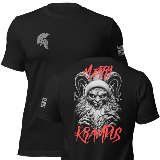 Front and back view of Black short sleeve unisex fit original cotton T-Shirt by Achilles Tactical Clothing Brand printed with Large Merry Krampus design across back