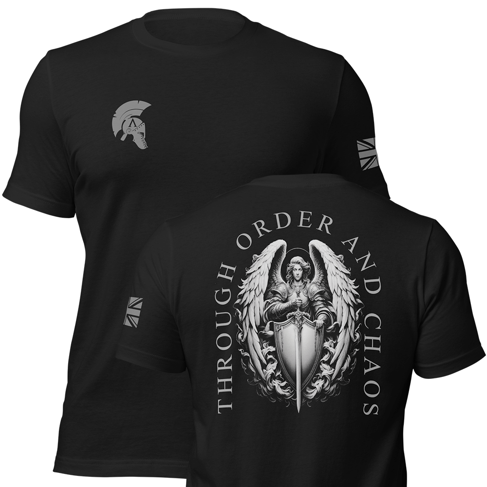 Front and back view of Black short sleeve unisex fit original cotton T-Shirt by Achilles Tactical Clothing Brand printed with Large Order and Chaos design across back