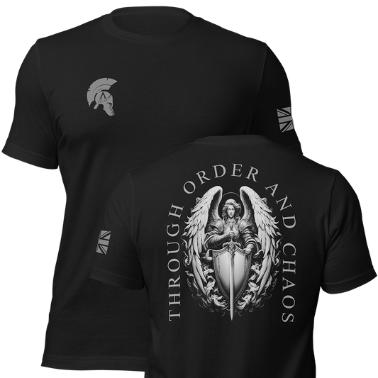 Front and back view of Black short sleeve unisex fit original cotton T-Shirt by Achilles Tactical Clothing Brand printed with Large Order and Chaos design across back