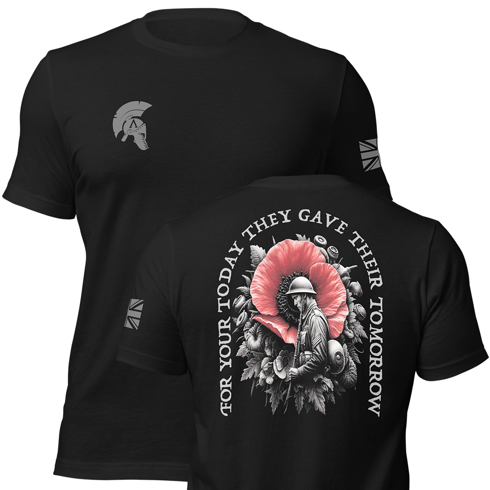 Front and Back view of Black short sleeve unisex fit original cotton T-Shirt by Achilles Tactical Clothing Brand printed with Sacrifice Poppy and Soldier Design across back