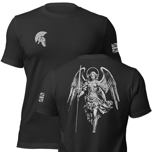 Front and back view of Black short sleeve unisex fit original cotton T-Shirt by Achilles Tactical Clothing Brand printed with Large Saint Michael design across back