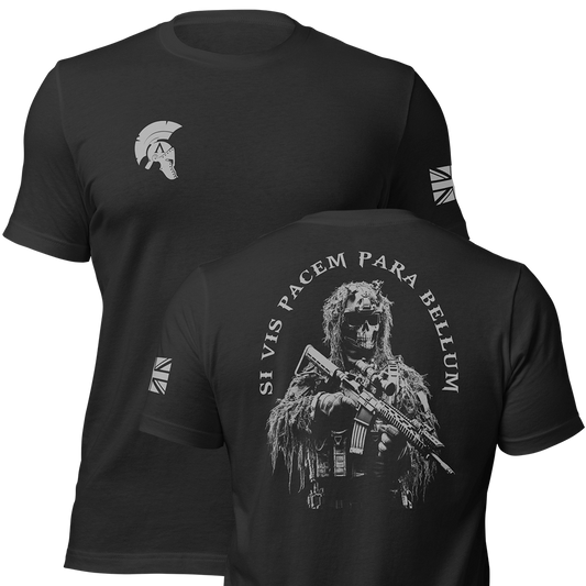 Front and back view of Black short sleeve unisex fit original cotton T-Shirt by Achilles Tactical Clothing Brand printed with Si Vis Pacem Para Bellum Design across back