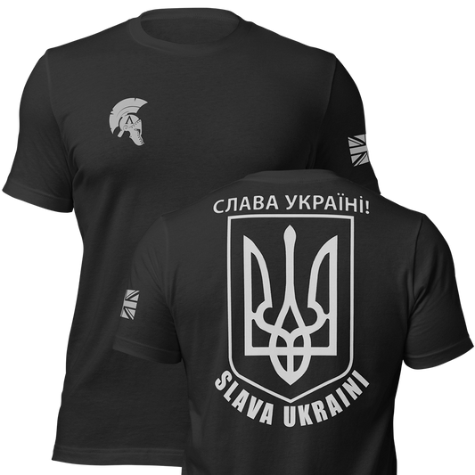 Front and back view of Black short sleeve unisex fit original cotton T-Shirt by Achilles Tactical Clothing Brand printed with Large Slava Ukraini design across back