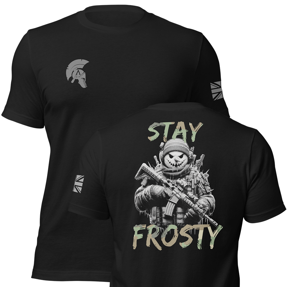 Front and back view of Black short sleeve unisex fit original cotton T-Shirt by Achilles Tactical Clothing Brand printed with Large Stay Frosty design across back