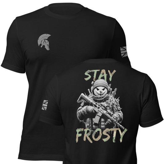 Front and back view of Black short sleeve unisex fit original cotton T-Shirt by Achilles Tactical Clothing Brand printed with Large Stay Frosty design across back