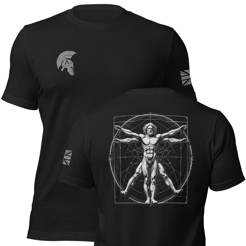 Front and back view of Black short sleeve unisex fit original cotton T-Shirt by Achilles Tactical Clothing Brand printed with Large Vitruvian man design across back