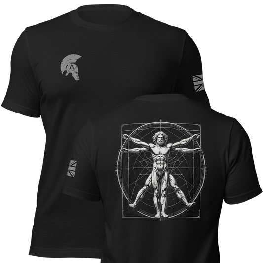 Front and back view of Black short sleeve unisex fit original cotton T-Shirt by Achilles Tactical Clothing Brand printed with Large Vitruvian man design across back