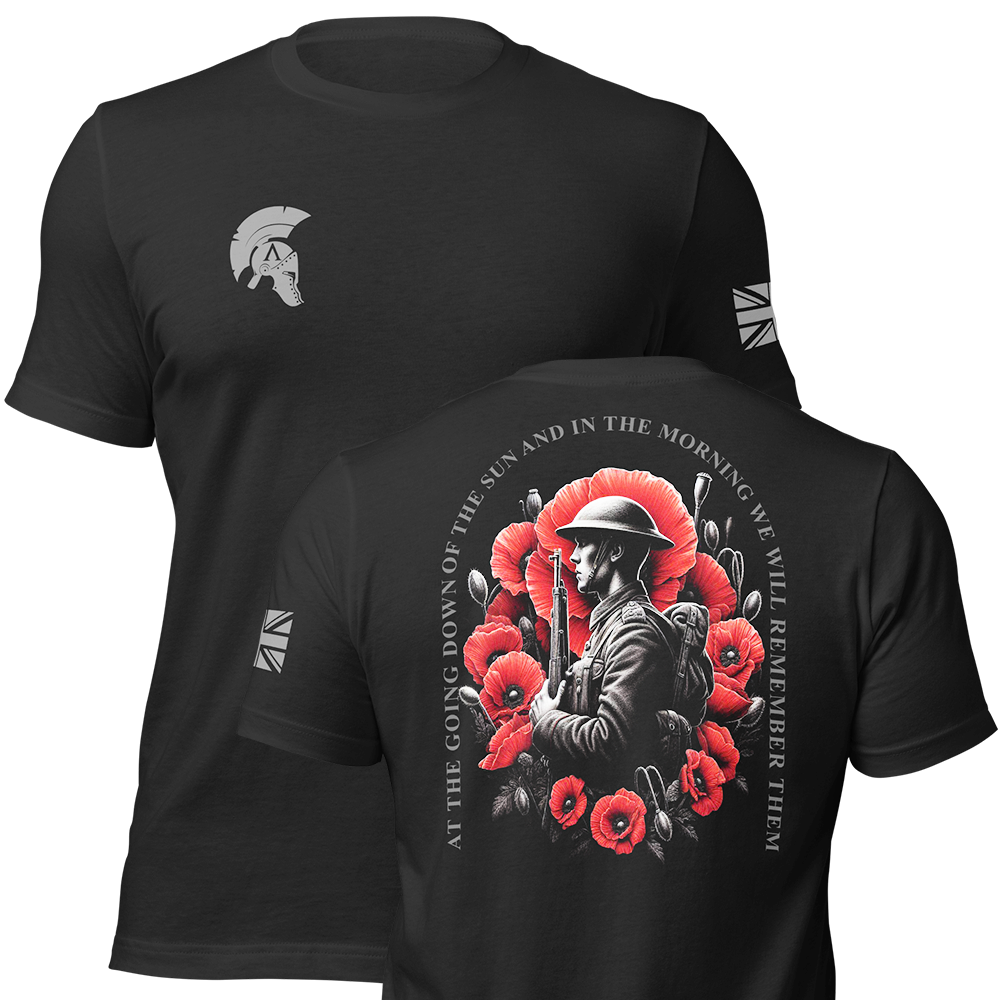 Front and back view of Black short sleeve unisex fit original cotton T-Shirt by Achilles Tactical Clothing Brand printed with We Will Remember Design across back