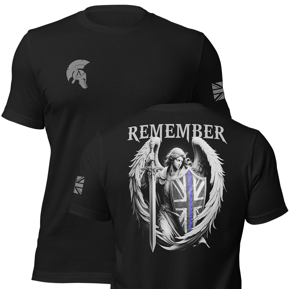 Front and back view of Black short sleeve unisex fit original cotton T-Shirt by Achilles Tactical Clothing Brand printed with Remember thin blue line design across back