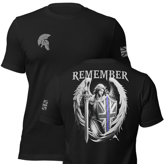 Front and back view of Black short sleeve unisex fit original cotton T-Shirt by Achilles Tactical Clothing Brand printed with Remember thin blue line design across back