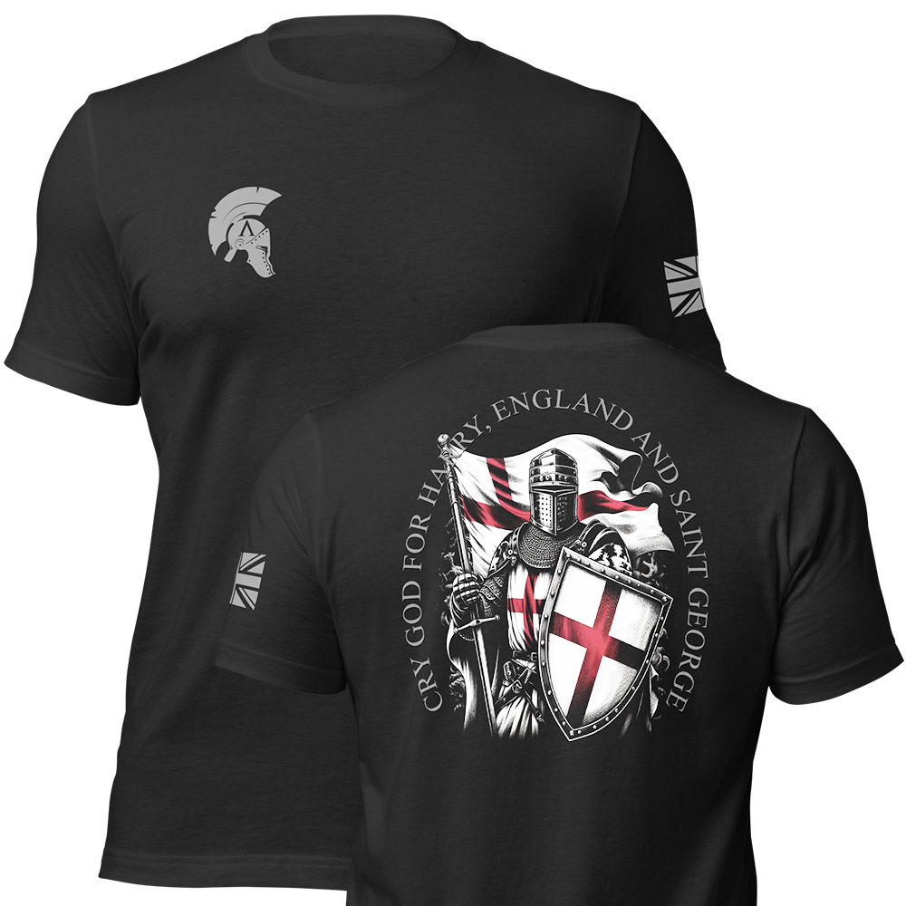 Front and back view of Black short sleeve unisex fit original cotton T-Shirt by Achilles Tactical Clothing Brand printed with Saint George Design across back