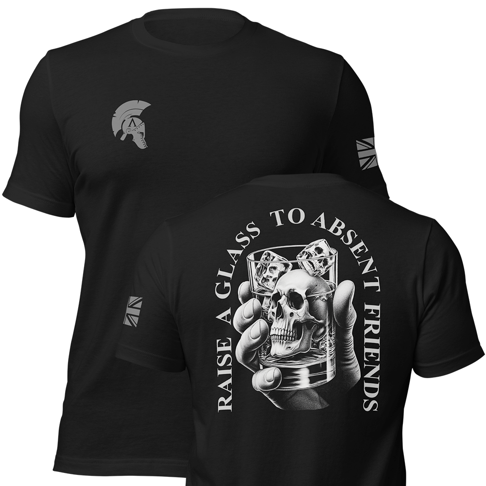 Front and back view of Black short sleeve unisex fit original cotton T-Shirt by Achilles Tactical Clothing Brand printed with Large To Absent Friends design across back