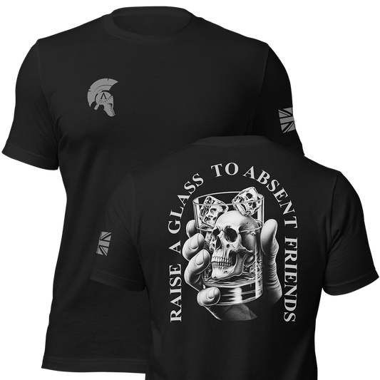 Front and back view of Black short sleeve unisex fit original cotton T-Shirt by Achilles Tactical Clothing Brand printed with Large To Absent Friends design across back