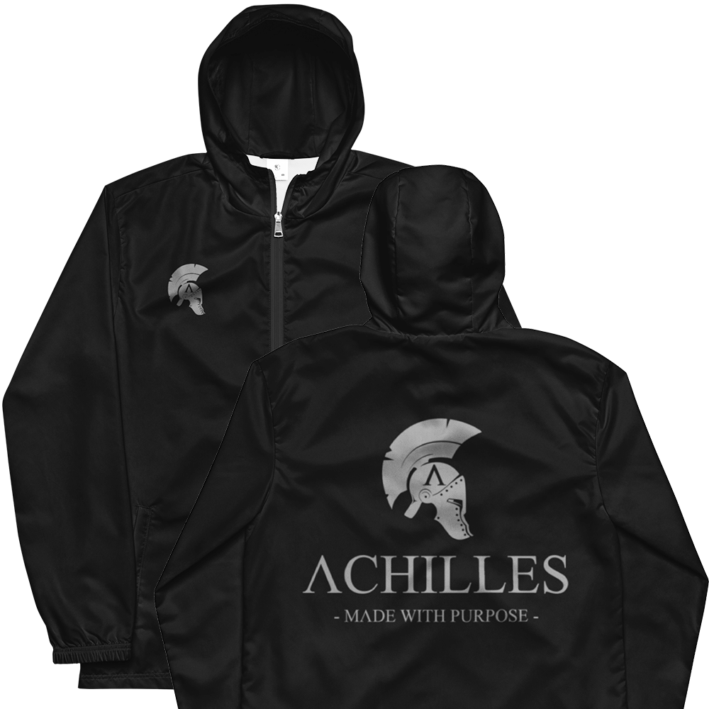 Front and back view of Black long sleeve unisex fit windbreaker track jacket by Achilles Tactical Clothing Brand printed with Achilles signature logo across back