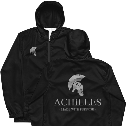 Front and back view of Black long sleeve unisex fit windbreaker track jacket by Achilles Tactical Clothing Brand printed with Achilles signature logo across back