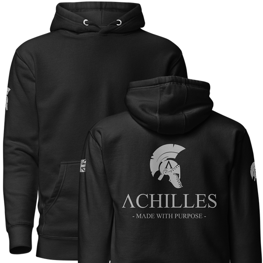 Front and back view of Black unisex fit Pullover Hoodie by Achilles Tactical Clothing Brand printed with Large Signature design across back