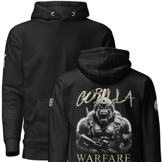 Front and back view of Black unisex fit Pullover Hoodie by Achilles Tactical Clothing Brand printed with Large Gorilla Warfare design across back