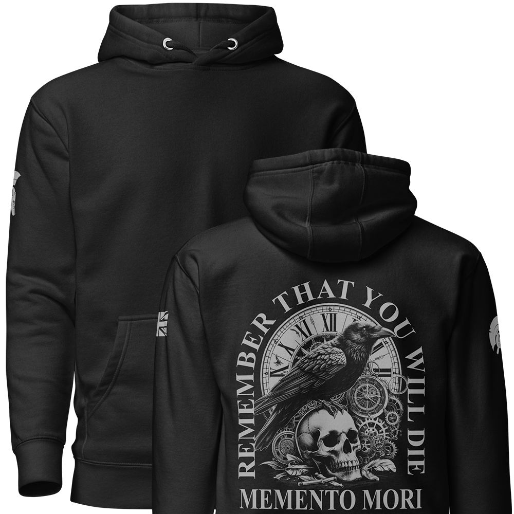 Front and back view of Black unisex fit Pullover Hoodie by Achilles Tactical Clothing Brand printed with Large Memento Mori design across back